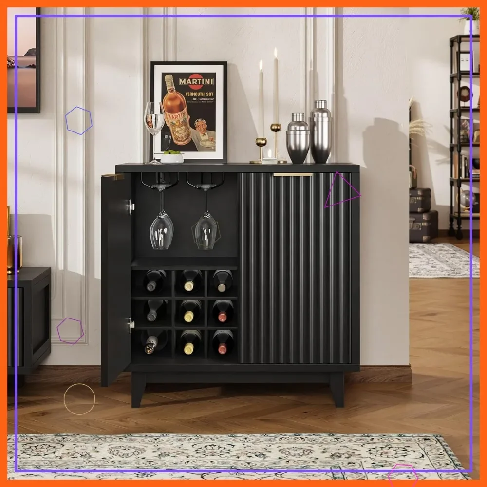 

Современный рифленый кофейный барный шкаф с винной полкой, регулируемой полкой и черным отделением для хранения для гостиной и кухни