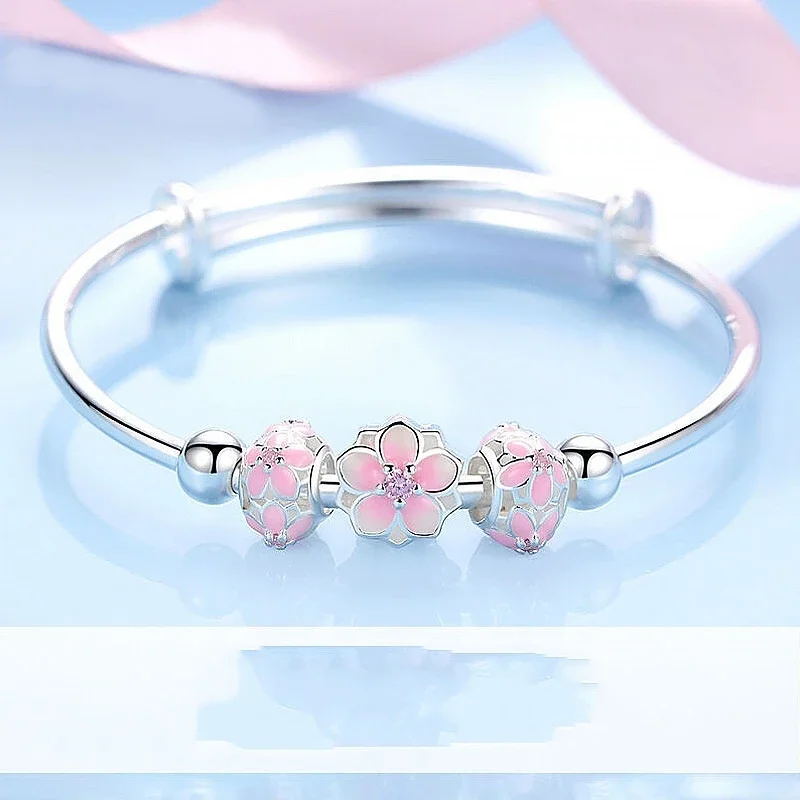 

Fashion New S999 Silvering Personality Sakura Adjustable Bracelet Jewelry High Profile Personalized Simple Lucky Gift for Girl