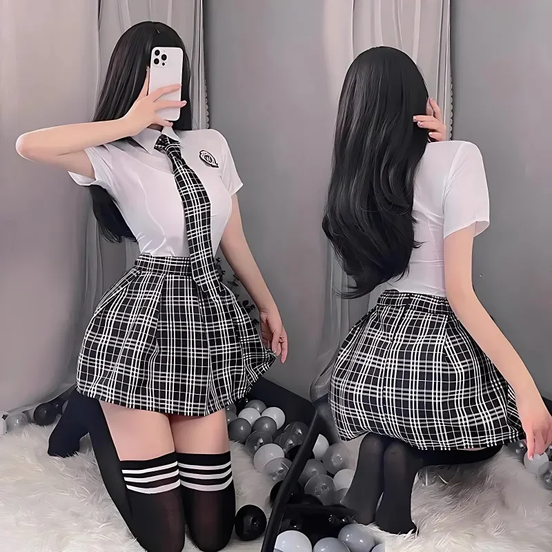 Japanese Anime JK Uniform Women Halloween Sweet Lolita Student Role Play Sexy Plaid Hollow Tops Skirt School Girl Lingerie Set