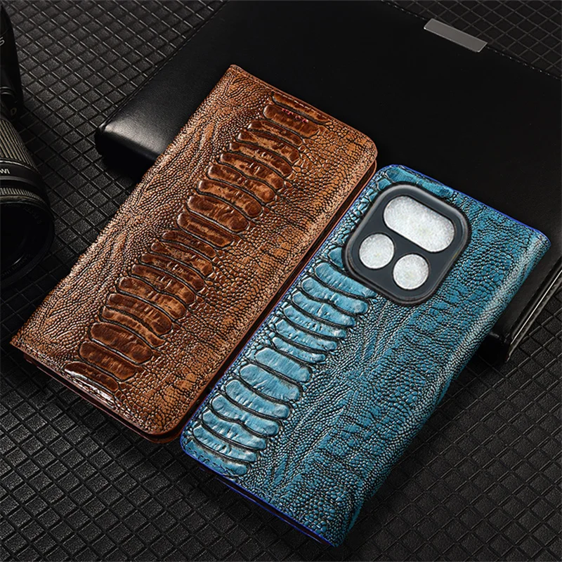 

Ostrich Pattern Genuine Leather Flip Case For Realme 10 11 12 13 14 15 16 P4 Pro Plus 4G 5G Phone Cover Card Cases Scratch Proof