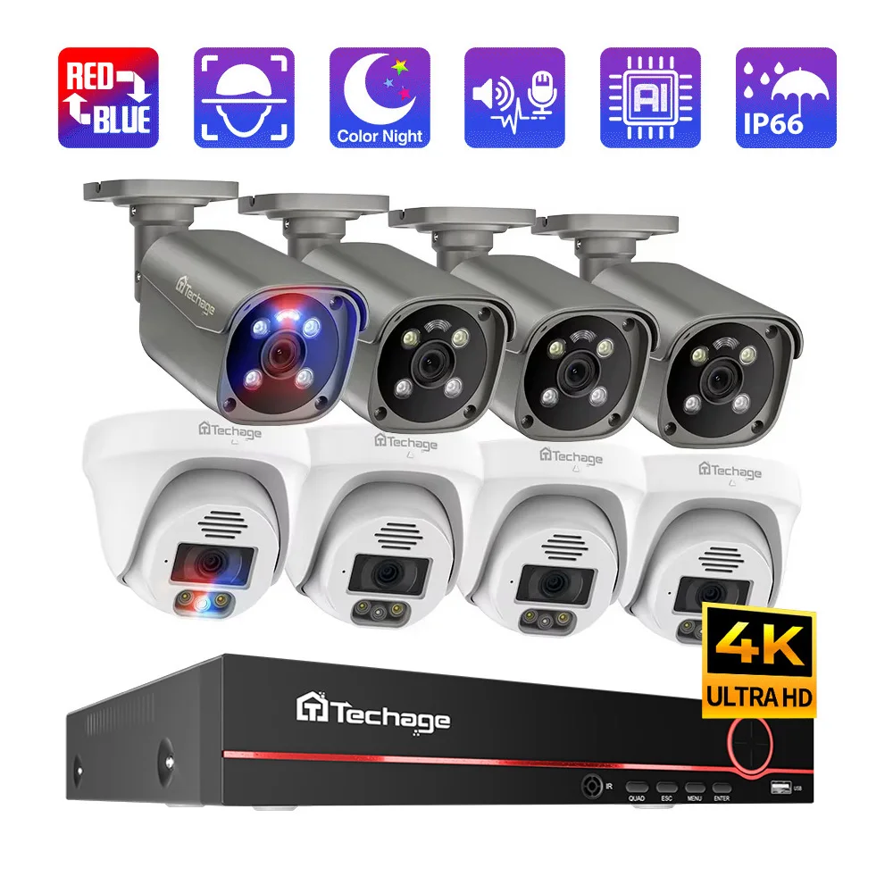 Techage H.265 8CH 4K 8MP POE Security Camera System Face Detect Dome Indoor Two Way Audio Color Night Video Surveillance XMEYE