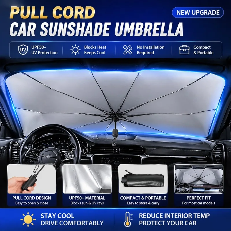 Sombrinha para Carro com Cordão, Protetor Solar para Para-brisa, Visor Frontal Dobrável, Proteção UV e Isolamento Térmico