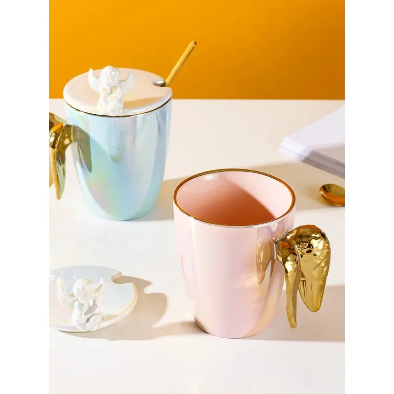 Creative Pearlescent Colored Ceramic Mug with Angel Wings, Coffee Cup with Lids, Cute Flower Tea Tazas Afternoon Teacup,Drinkwar