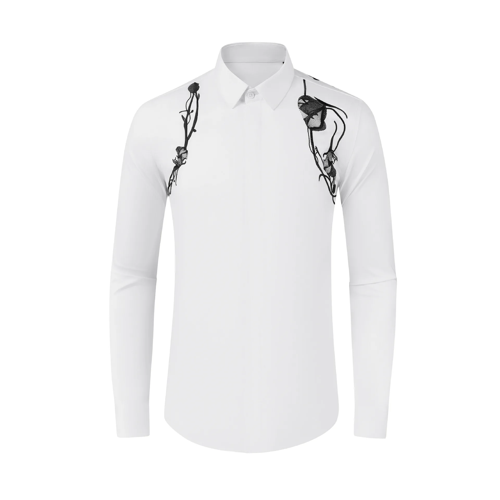 Trendy brand Spring and Autumn Chinese style Lotus embroidery Cotton slim fit long sleeved men's high-end casual shirt