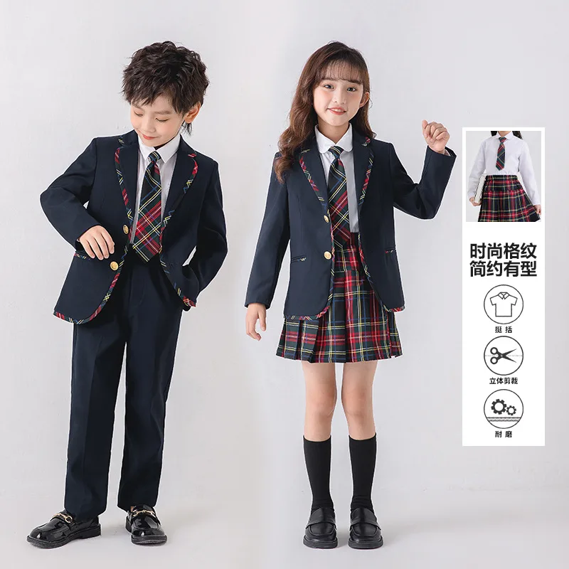 High-quality plaid lace performance suit for boys and girls in British college style