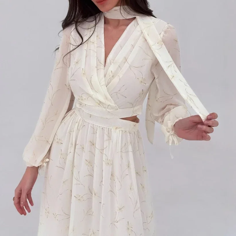 V-neck Floral Lace-up Sleeve Drawstring Long Dress for Women, Summer Long Waist-cinching Mid-length A-line Dress