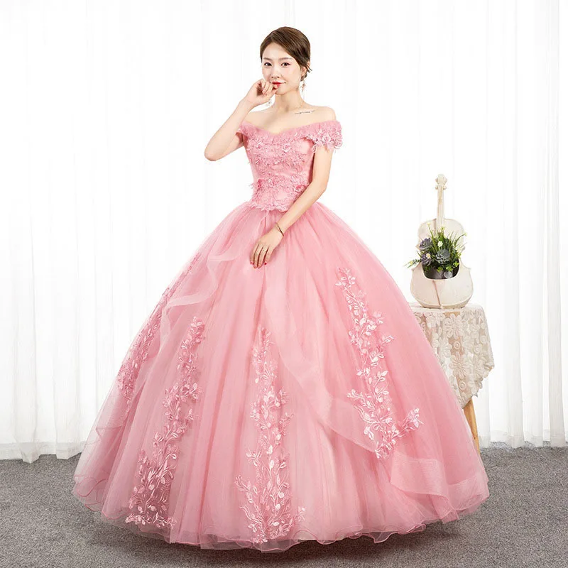 

Charming Pink Lace Appliques Off the Shoulder Quinceanera Dresses Tulle Skirt Prom Party Gown robes 15 Years