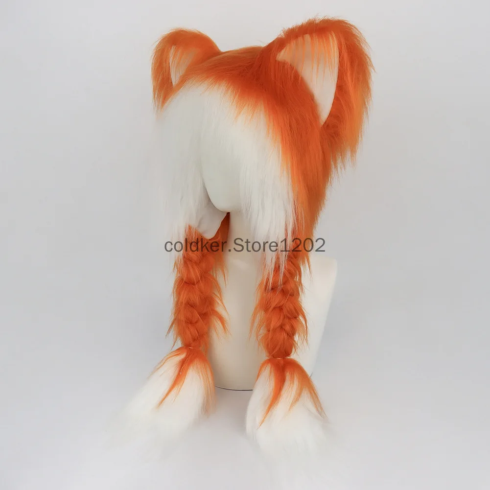 Plush Novelty Animal Hat Fursuit Fur Cat Ears Headwear Plush Warm Beanie Hat Costume Party Head Accessories for Halloween