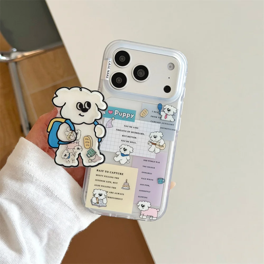 Kawaii Memo Sticker Dog Phone Case For iPhone 15 16 17 ProMax White Puppy Stand Shockproof Clear Anti‑Drop Hard Cover For Women