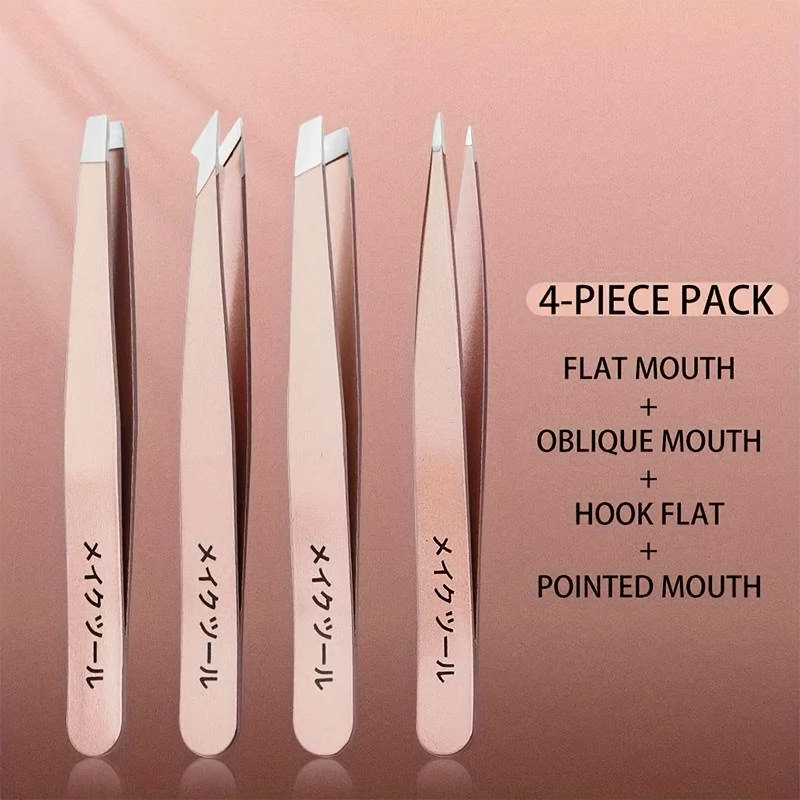 ชุดอุปกรณ์ตกแต่งคิ้ว 4 ชิ้น สีโรสโกลด์  แหนบปลายแหลม แหนบต่อขนตา คุณภาพสูง  แหนบปลายแบน แหนบปลายเฉียง  ชุดเสริมความงามคิ้ว  ทำจากสแตนเลส