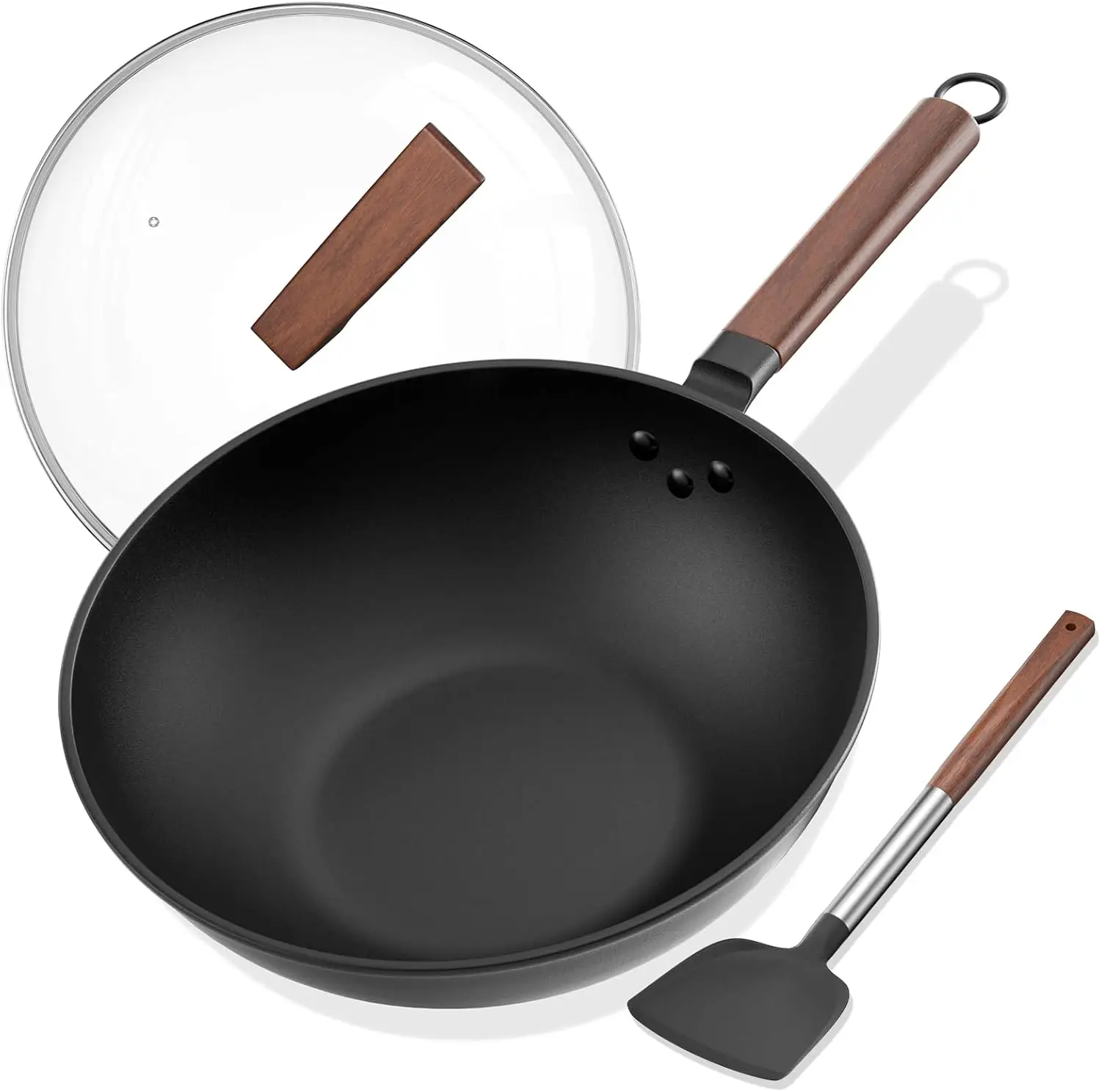 

13-Inch Carbon Steel Wok with Glass Lid & Silicone Spatula - Induction, Electric, Gas Stove Compatible