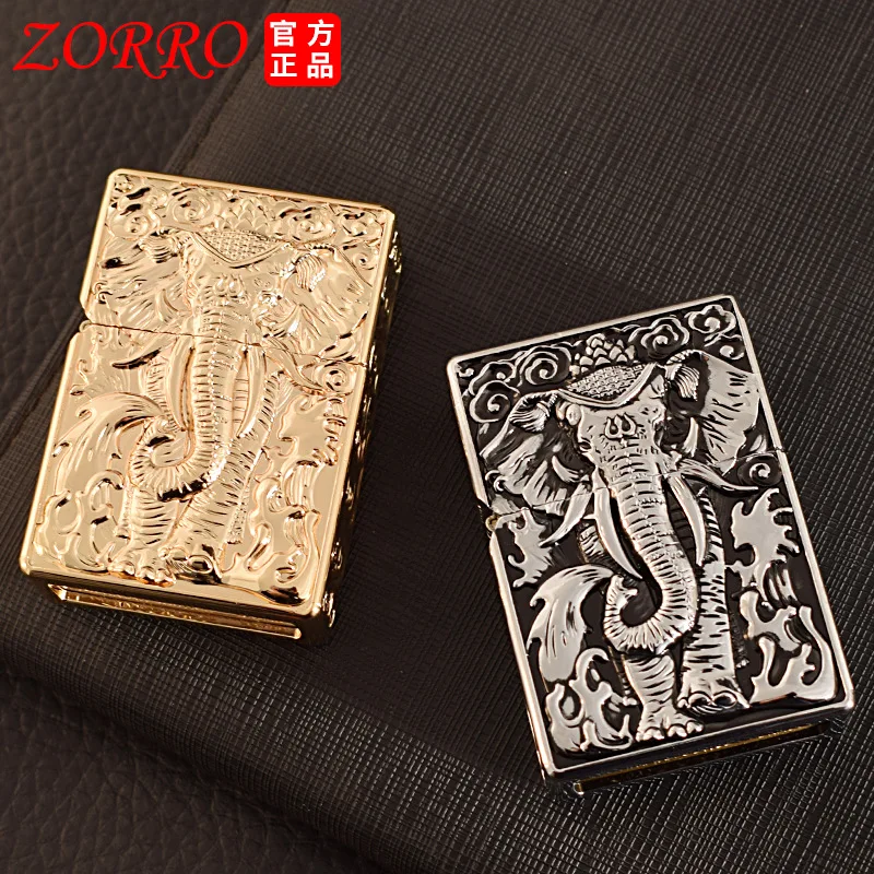 ZORRO Brass Six Toothed Divine Elephant Five Sided Relief Armor Kerosene Lighter Classic Grinding Wheel Ignite Lighters Smoking