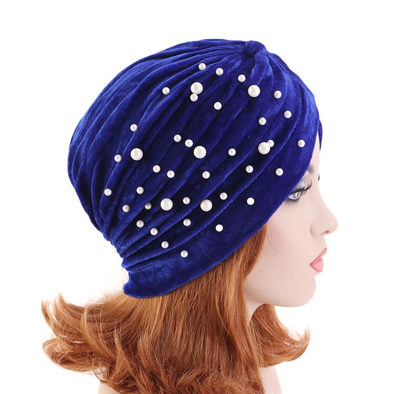 Turbante de terciopelo elástico para mujer, gorro informal con cuentas y perlas, Hijab de terciopelo, sombreros musulmanes, nuevo estilo de moda