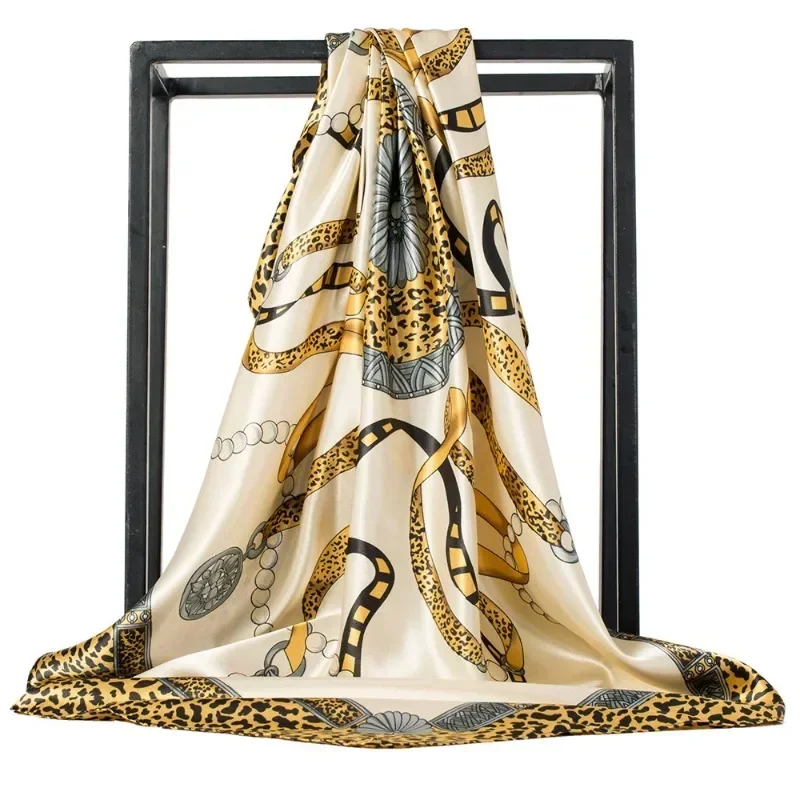 Leopard Chain Printed Hijab Scarf for Women 90x90 Square Muslim Women Hijab Scarf Headband Imitation Silk Satin Headband Scarves