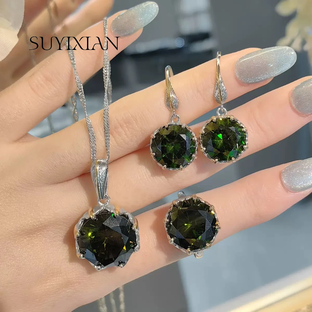 Conjunto de Anillo, Pendientes y Colgante de Plata de Ley 925 con Circonita Azul Verde Dorada, Estilo Vintage, Regalo para Cumpleaños, Aniversario o Fiesta
