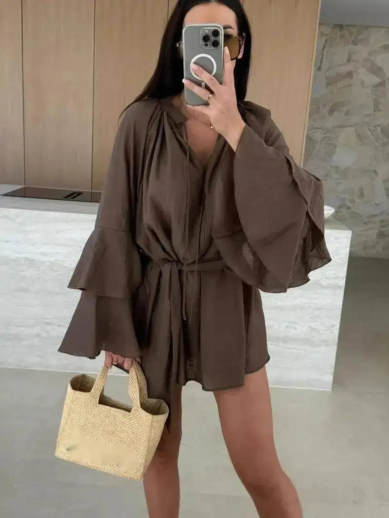 Robe plissée élégante pour femmes, marron, décolleté en v profond, manches longues, Mini, mode printemps été 2021, ample, MH2M