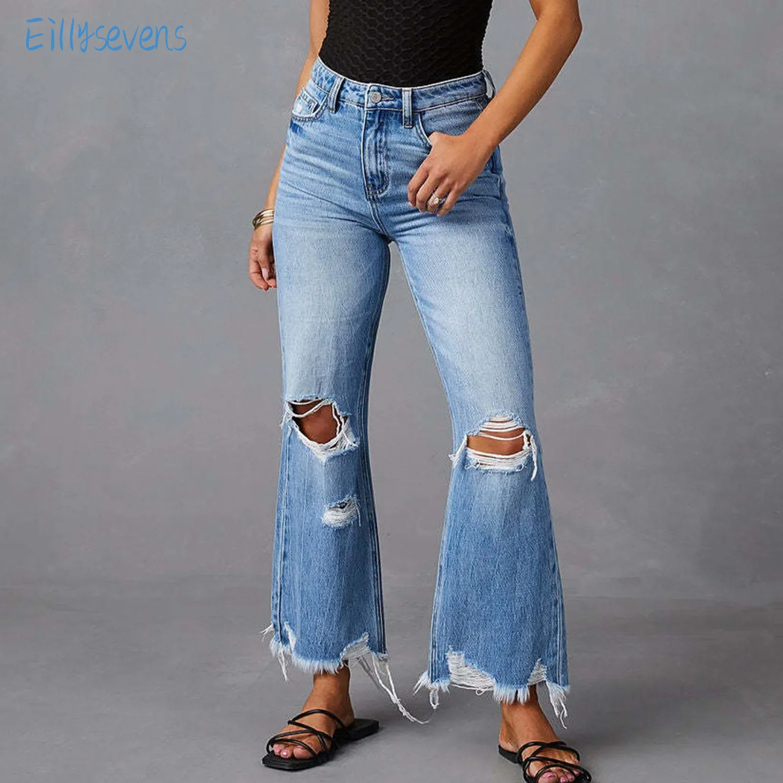 Fashion Broken Holes Jeans Tassel Bootcut Jeans Women'S Daily Casual All-Match Street Style Cropped Pants Commuter Denim Pants