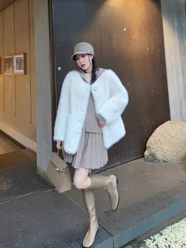 Nuevo abrigo de piel ecológico Sle de invierno para mujer, ropa grande con calor de cuero y piel intermonados ort V-Ne