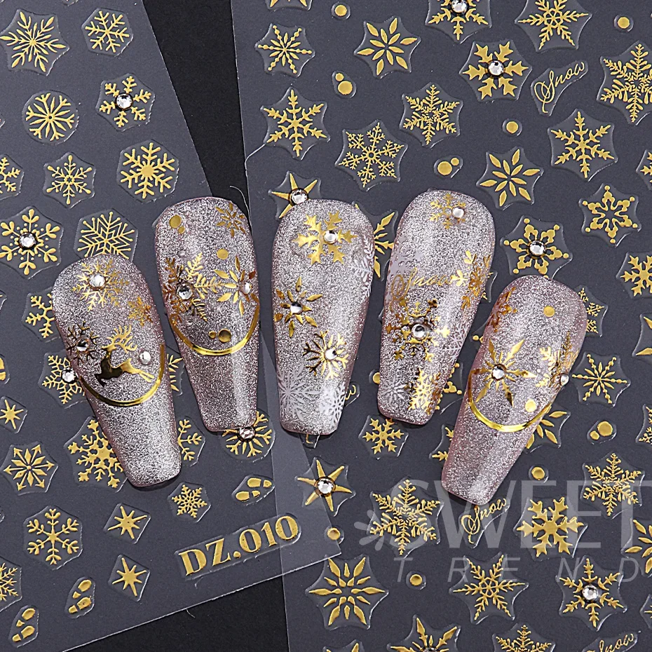 5D Sneeuwvlok Winter Nagelsticker Met Strass Wit Zwart Goud Elanden DIY Kerst Xmas Decal Slider Manicure Kunst Decoratie