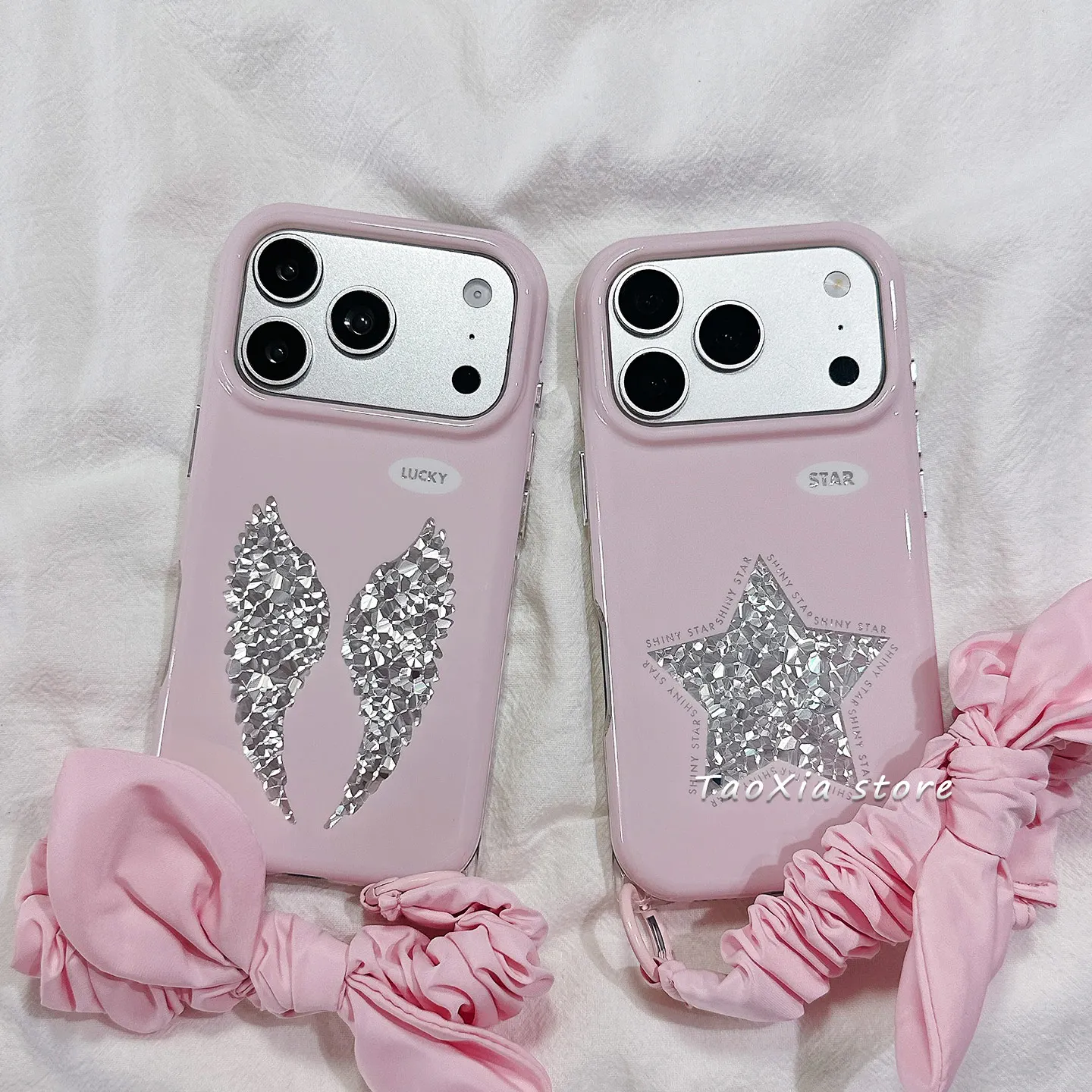 Coque de téléphone coréenne rose avec ailes d'ange et étoiles scintillantes en diamant pour iPhone 18 17 AIR 16 15 14 13 12 11 Pro Max Mini Plus Y2K