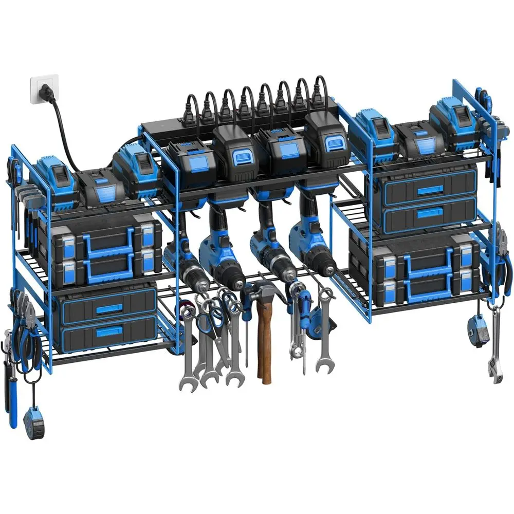

Large Wall-Mounted Tool Organizer with Charging Station and Individual Power Switches for Tools and Batteries