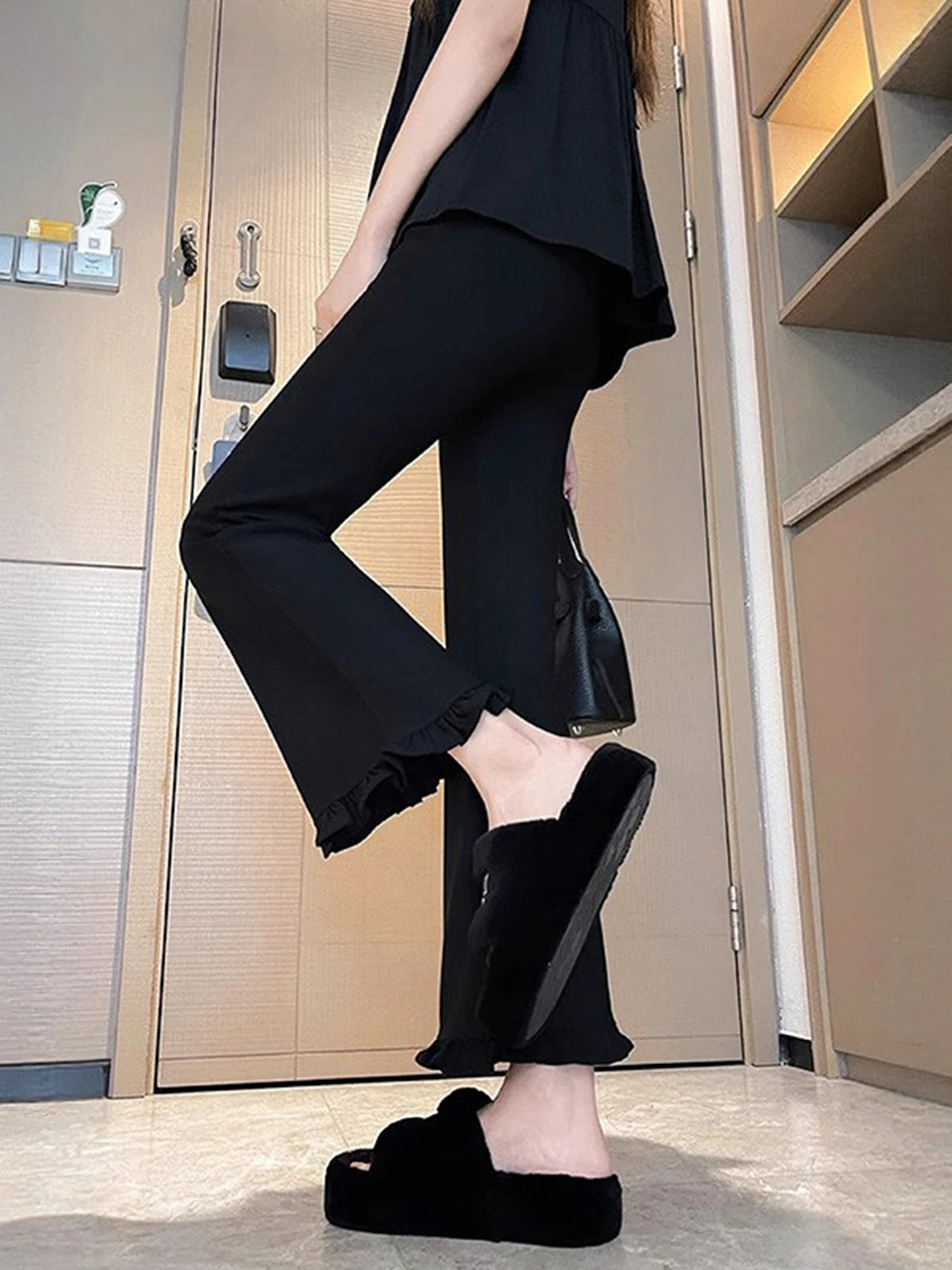 Black High Waist Flared Pants Women's Spring Summer Casual Ear Look Pleated Large Size Casual Nine Points Flared Pants