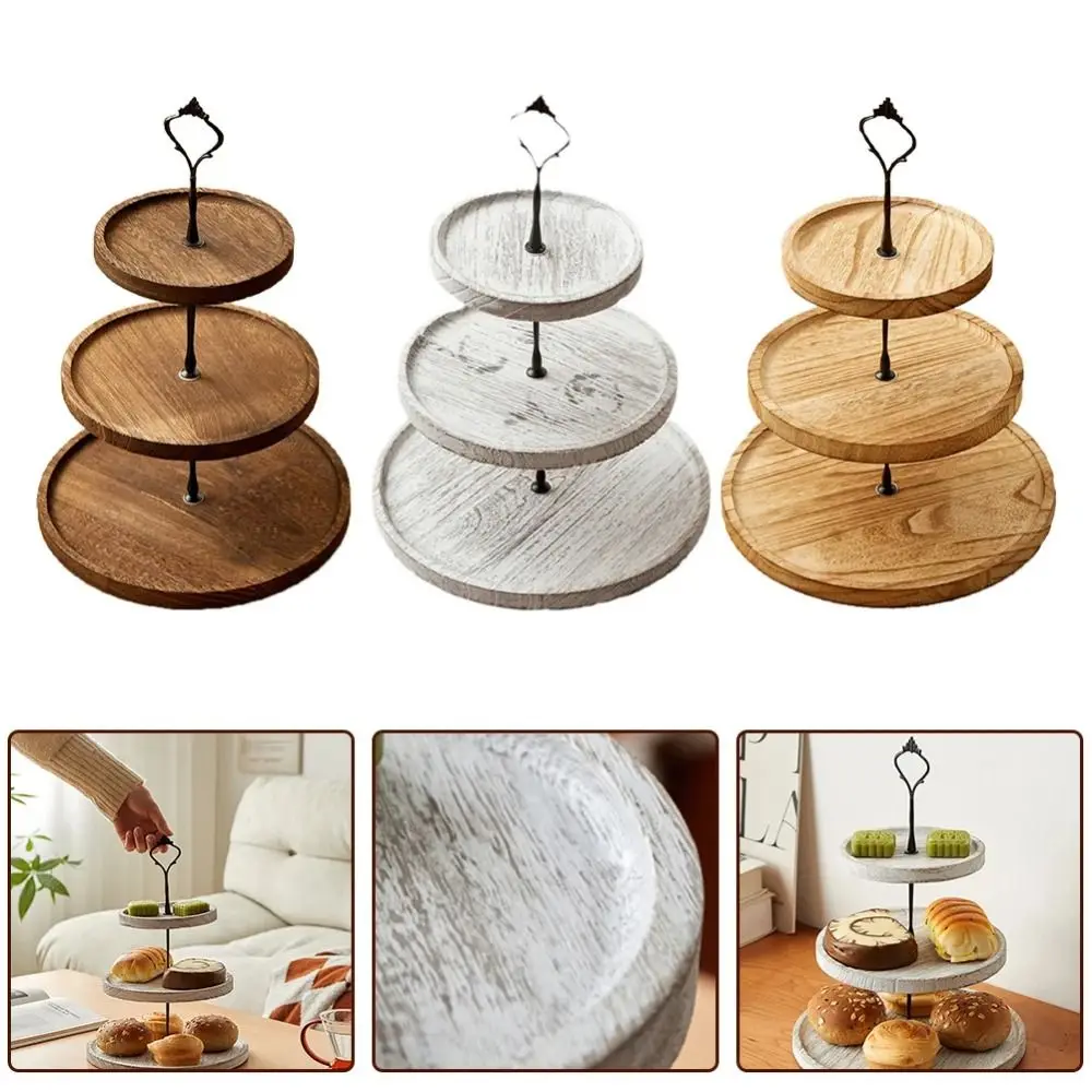 2/3-Layer Wooden Cupcake Stand Decorative Detachable Round Tiered Fruit Plate with Handle Sturdy Cupcake Holder Shelf Home Use