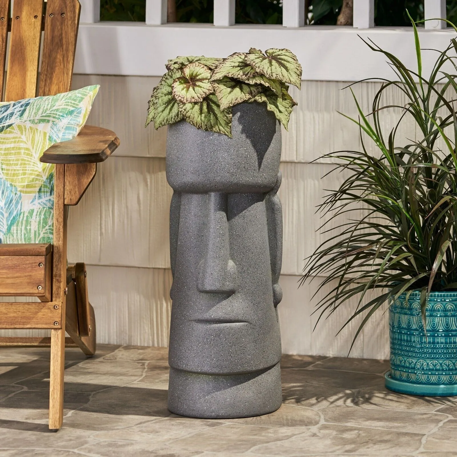 

US Harrod Outdoor Easter Island Statue Decorative Flower Pot, Stone Gray-