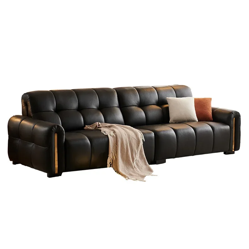 

Chocolate first layer cowhide marshmallow straight row black antique living room retro puff leather sofa