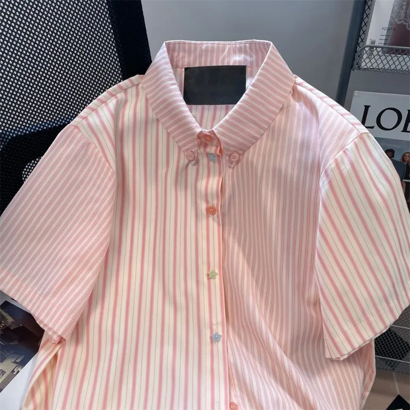 XEJ Kawaii Shirt for Women 2024 Shirts Woman Summer Pink Striped Shirt Elegant Chic Woman Korean Fashion Oversized Shirt