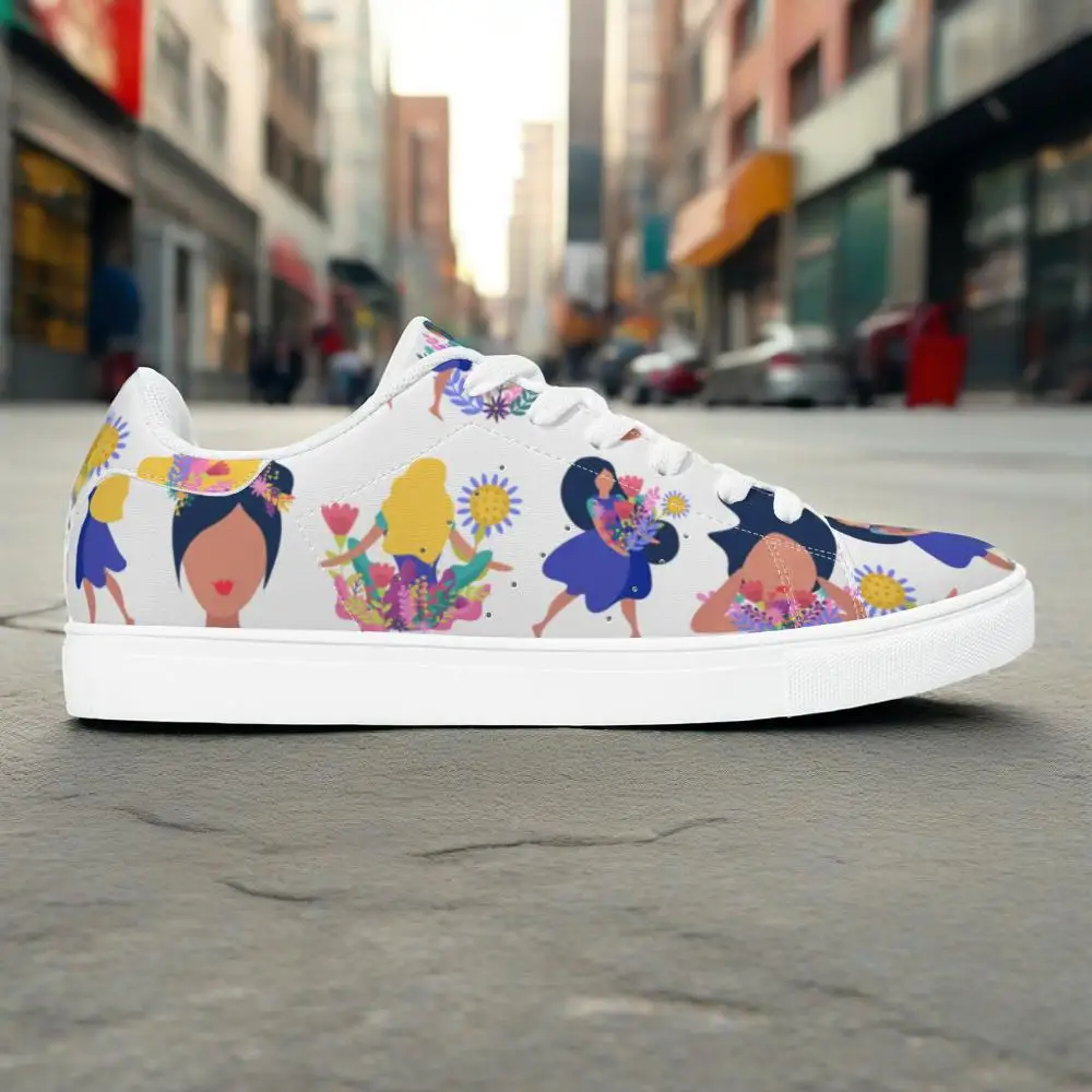 أحذية رياضية كاجوال أنيقة بطباعة كارتونية للفتيات، أحذية رياضية بيضاء عصرية ومتعددة الاستخدامات للرجال والنساء