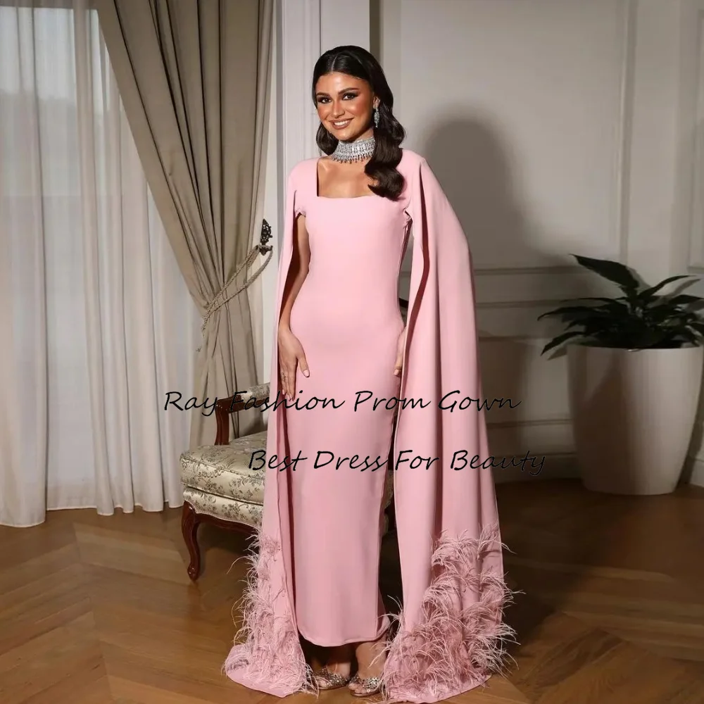 

Ray Fashion Mermaid Evening Dress Square Neck Full Sleeves With Ostrich Hair For Women Formal Occasion Gowns فساتين سهرة