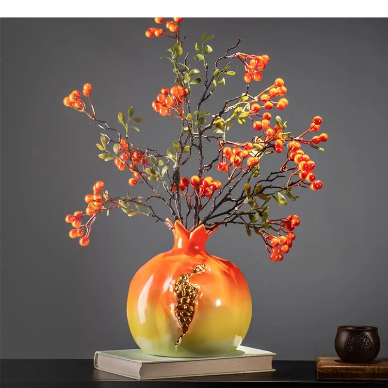 Chinese Classic Ceramics Vases Simulation Pomegranate Flower Insert Dried Floral Desktop Porcelain Vase Vintage Home Decor