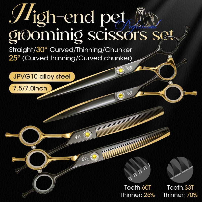 crane-black-gold-series-jpvg10-steel-high-end-7-75inch-dog-grooming-straight-curved-thinner-chunker-scissors-grooming-scissors
