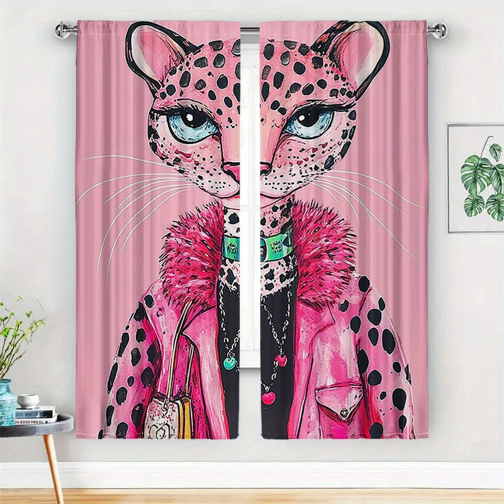 Chic Pink Leopard Print Pop Art Curtains Novelty Window Drapes for Bedroom Bathroom Living Room Decorative Fun Animal Print