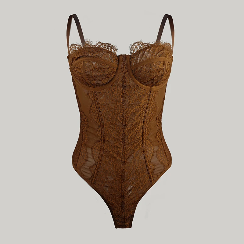 

2025 Summer New Style Lace Trim Splicing Underwire Lingerie Sexy Brown Slim-Fit Bodysuit Sheer Camisole