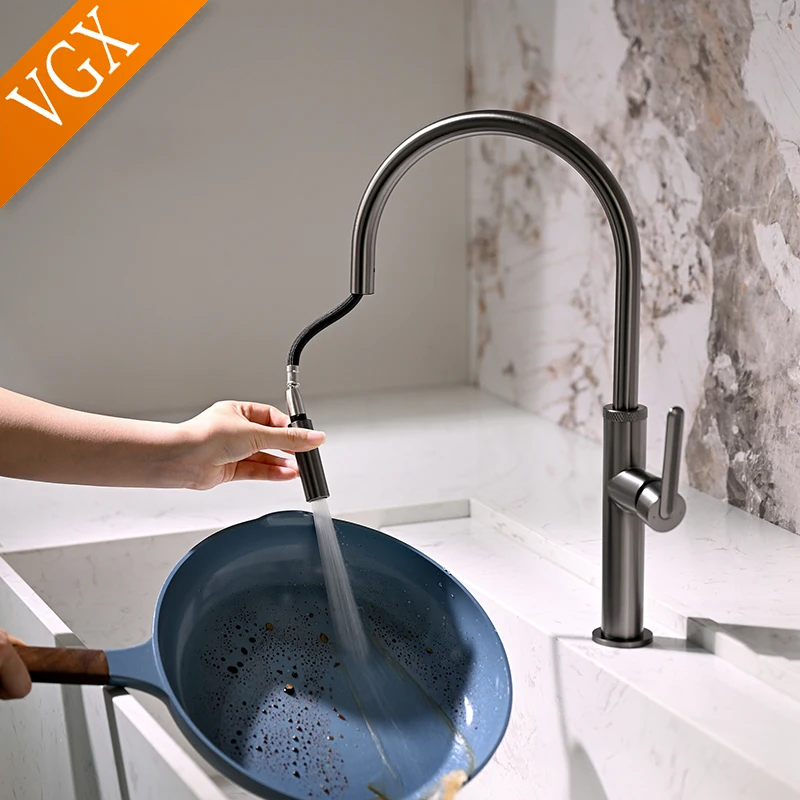 VGX Grey Kitchen Faucet Stainless Steel Sink Faucets Pull Out Stream Sprayer Tap Brushed Rotatable Kitchen Mixer Water Tap Crane
