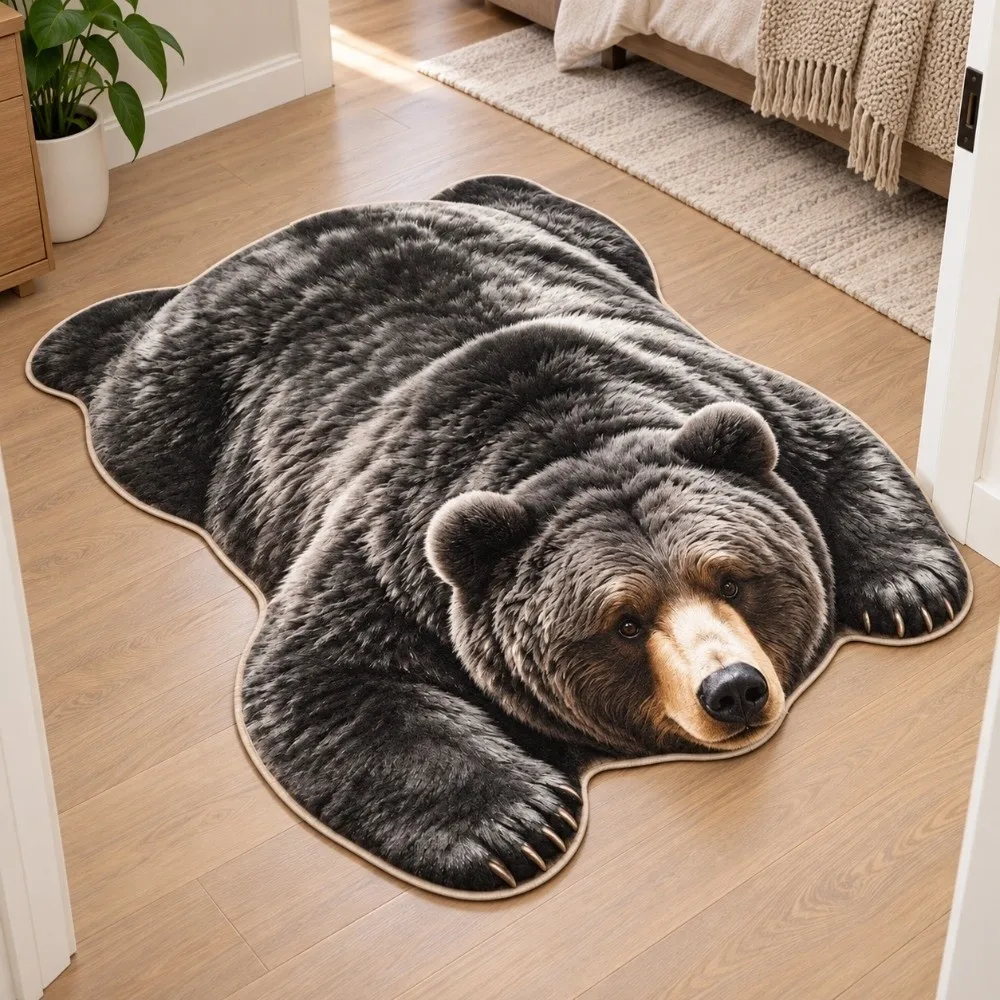 Faux Cashmere Bear Shape Area Rug Non Slip Washable Animal Shaped Floor Mat Absorbent Wear-resistant Bear Pattern Carpet Bedroom
