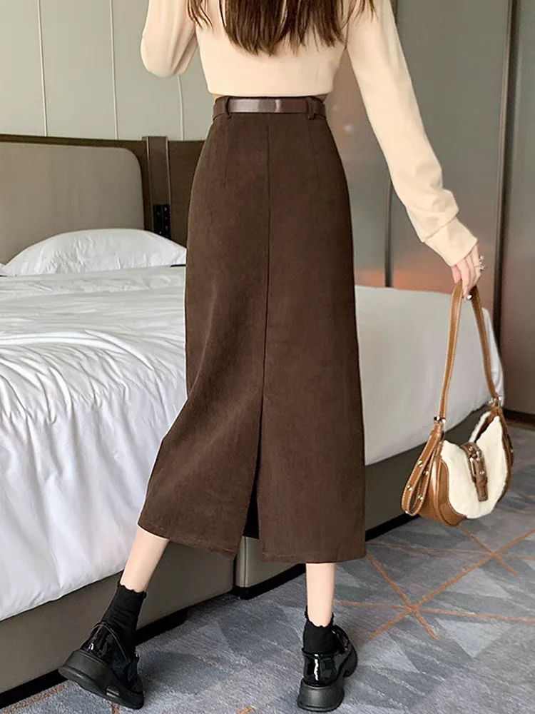 2025 Winter Corduredo Pencil Skirts for Petite Women - High-Waisted Bodycon Midi Skirt with Back Slit Elegant Slim Office Skirt