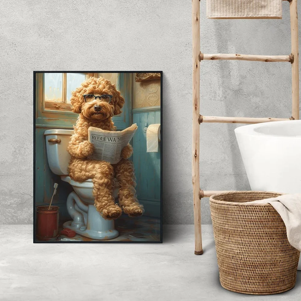 Modern Goldendoodle On Toilet Wall Art Canvas Funny Painting Gift Posters For Living Room Bathroom Home Decor