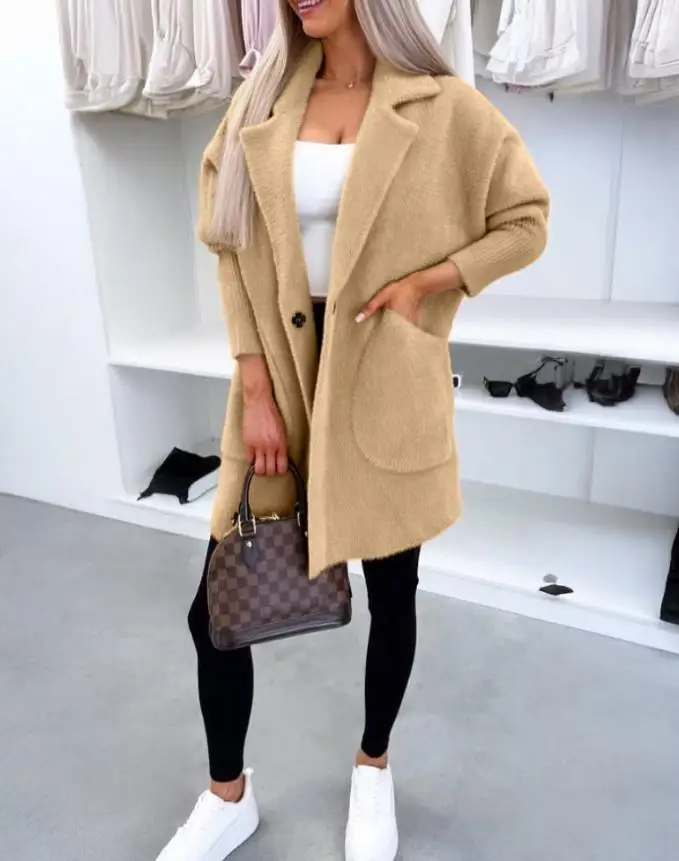 Women's Jacket 2025 Spring Autumn New Solid Color Turn-Down Collar Long Sleeve Casual Pocket Design Button Long Jacket Coat