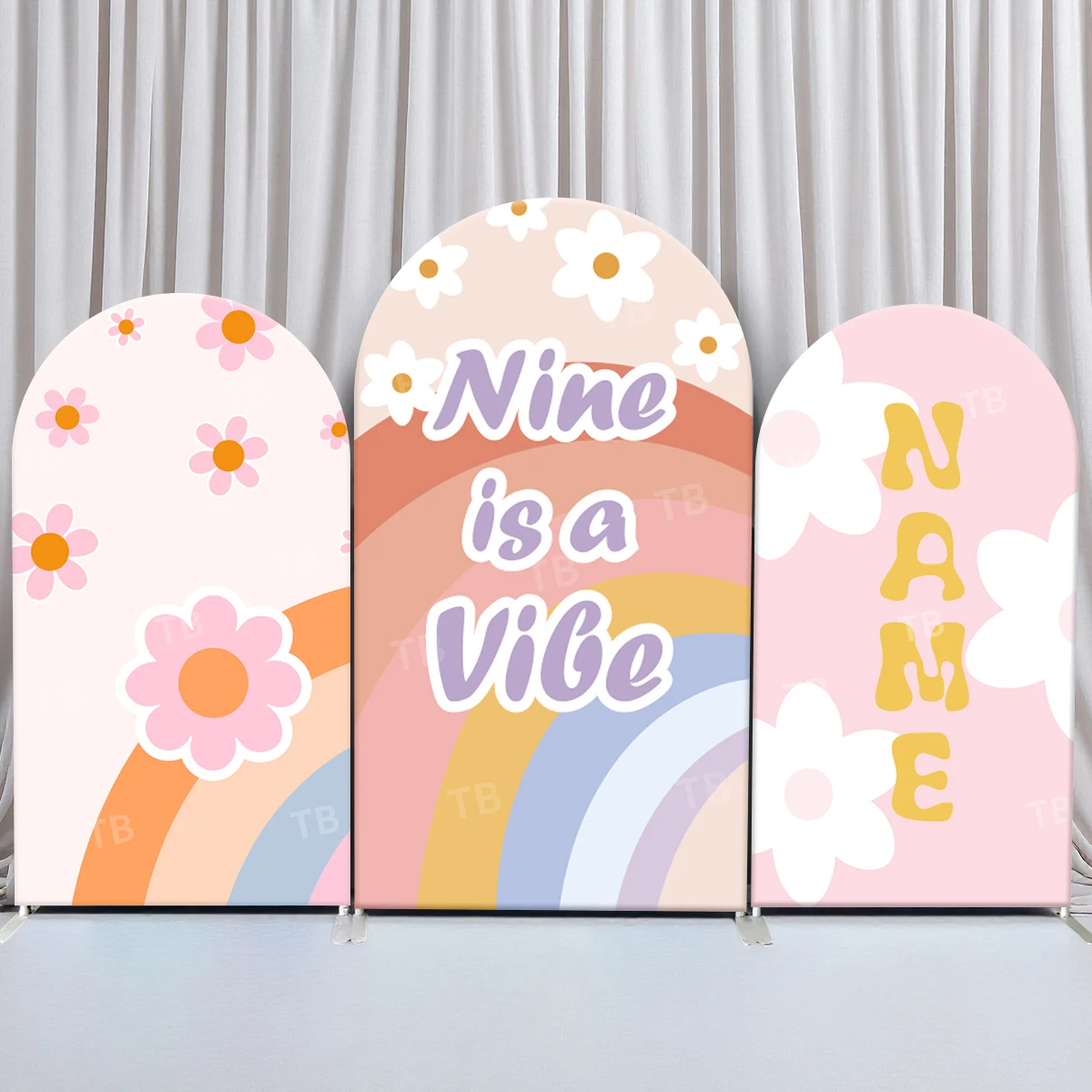 

TB Rainbow Pink Flower Arch Backdrop Cover Cute Girl Birthday Party Custom Name Baby Shower Photography Background Decor Elastic