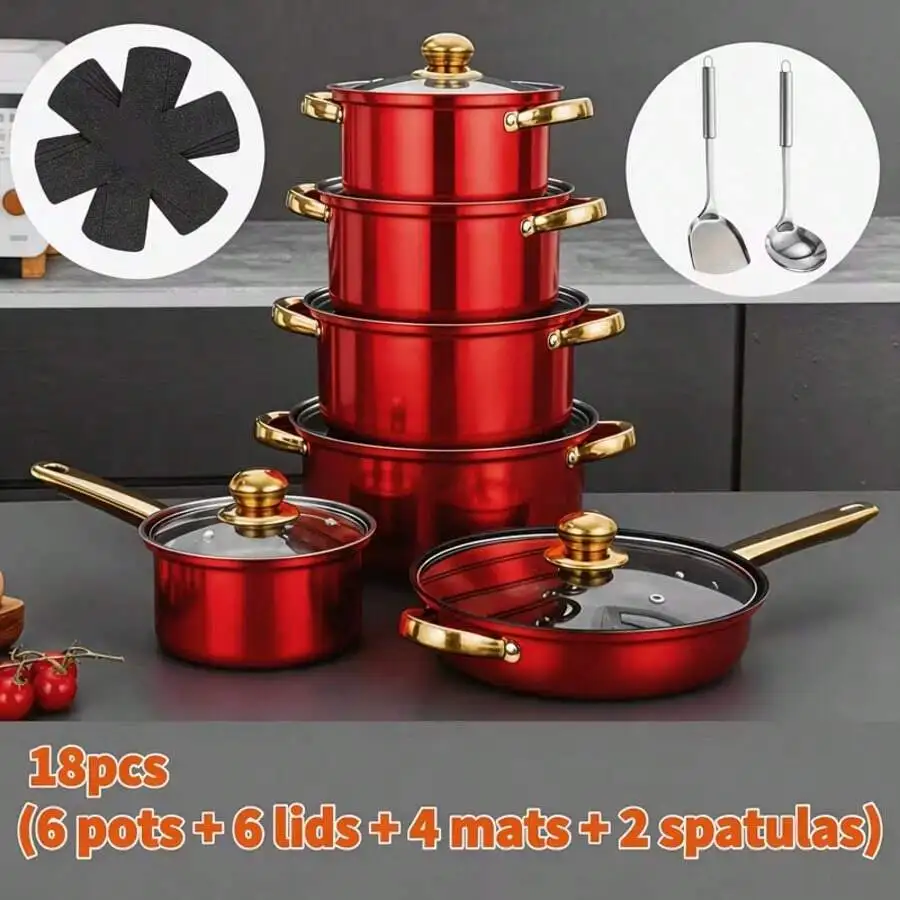 18pcs Non-Stick Cookware Set, Stainless Steel Pot And Pan Set, Suitable For Oven, Includes Frying Pan, Stew Pot, Baking Pan, Dut