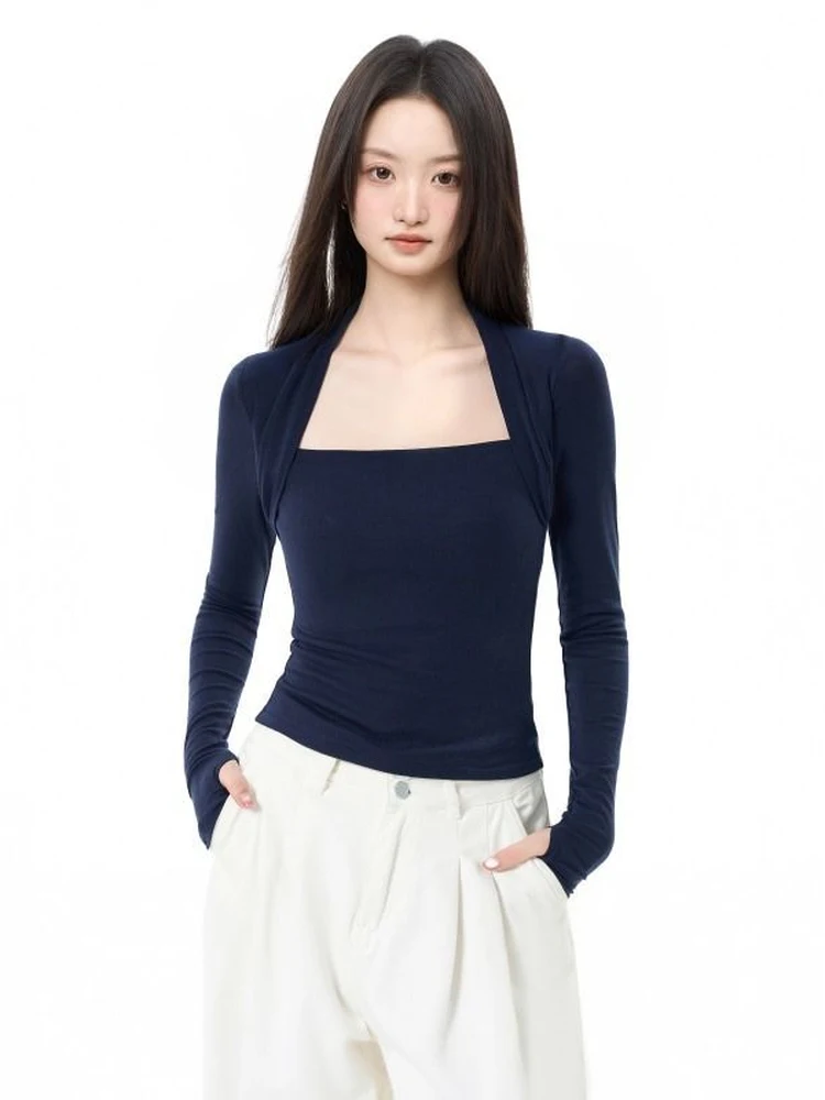 Slim Fit Short Sleeve T-Shirt Women's Early Autumn Base Layer Short Style Waist Inward Korean Style Cotton Blend T-Shirt