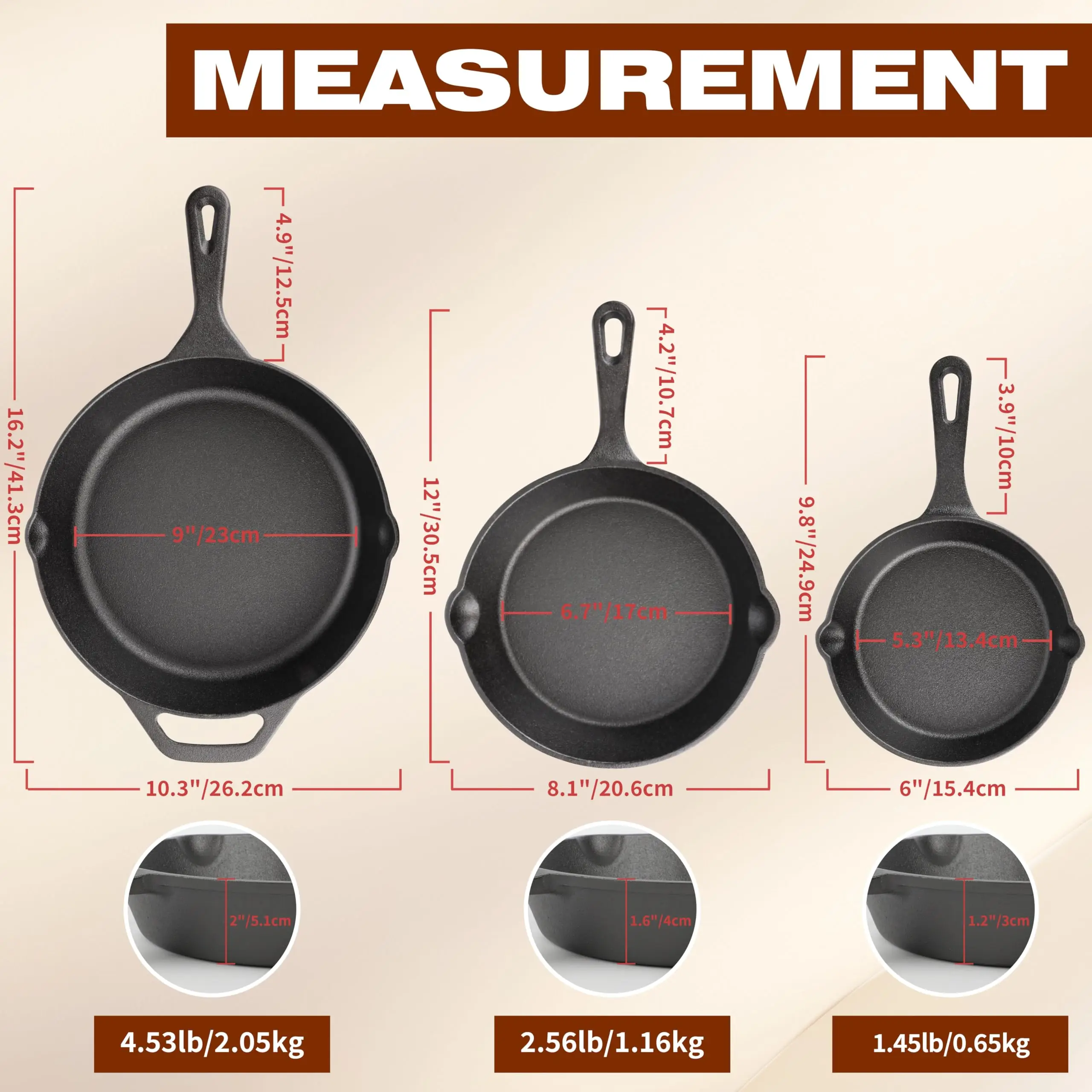 Cast Iron Skillet 3-Piece Set, 6