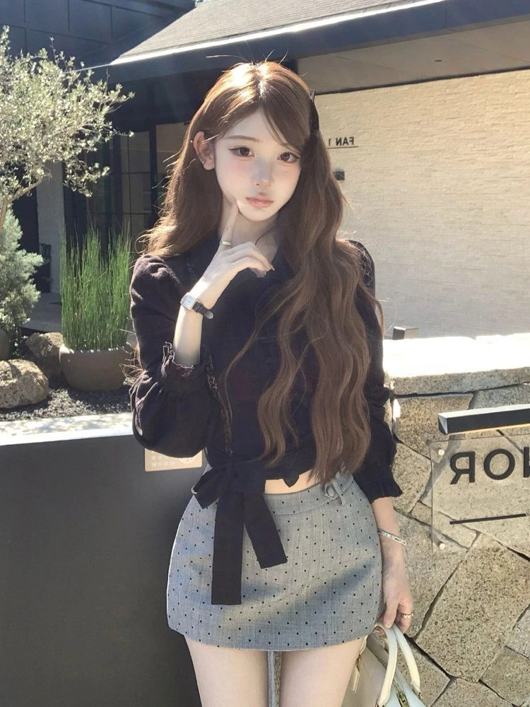 Elegant French Vintage Two Piece Set Women Black Chic Long Sleeve Top + Gray Skirt Outfit New Fashion Slim Aesthetic Autumn Suit