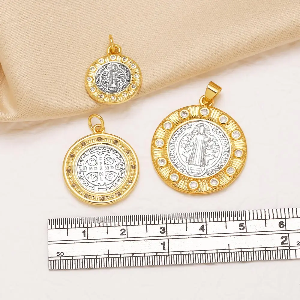 OCESRIO Two Tone Saint Benedict Gold Plated Copper Crystal Round Medal Charms for Necklace Jewelry Making Component pdtb984