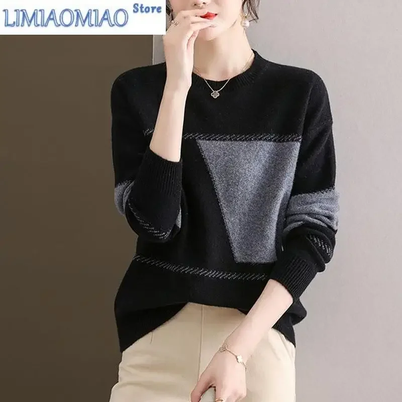 

New Autumn/Winter Fashion Round Neck Contrast Color Cashmere Sweater Loose and Versatile Large Foreign Long Sleeve Sweater