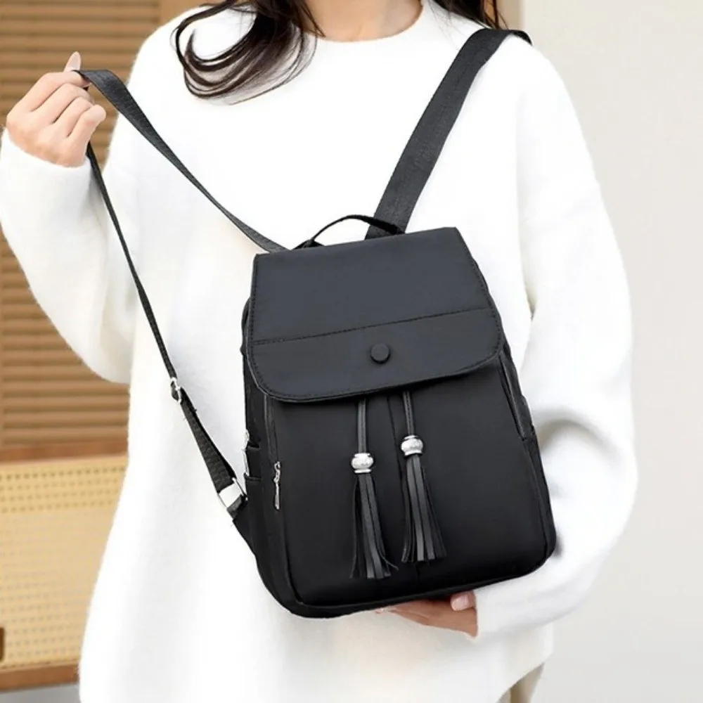 Vintage Large Capacity Nylon Black Backpack Lightweight Solid Color Simple School Bags Multi-pocket Durable Ladies Rucksack Work