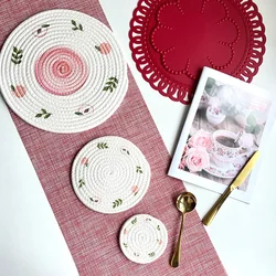 Heat Resistant Table Mat Coaster Woven Cotton Rope Coaster Plate Mat Printed Placemats Round Home Pot Holder Kitchen Accessories